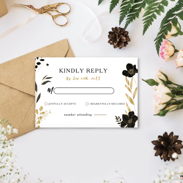 Black Floral Elegant Wedding UAWG Response Card RSVP Karte (Black Floral Elegant Wedding RSVP Response Card)