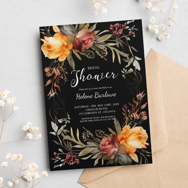 Black Floral Elegantes Brautparty Einladung (Black Floral Elegant Bridal Shower Invitation)