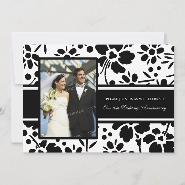 Black Floral Foto 10 Jahre Einladung (Vorderseite)