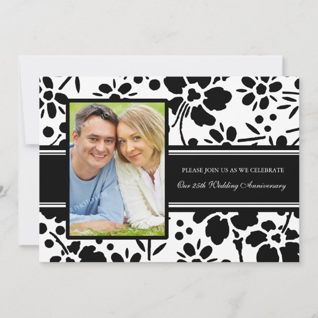 Black Floral Foto 25 Jahre Einladung (Vorderseite)