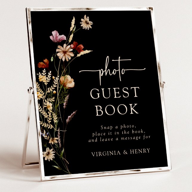 Black Floral Foto Guest Book Poster (Boho Black Floral Photo Guest Book Sign by Painted Paperie
)