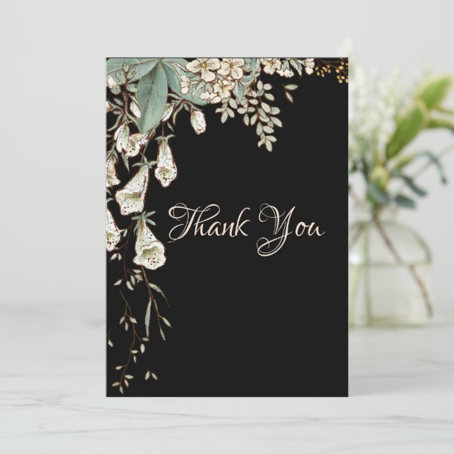 Black Floral Garland Script Elegante Hochzeit Dankeskarte (Stehend Vorderseite)