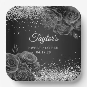 Black Floral Glam Silver Glitzer 16 . Geburtstag Pappteller