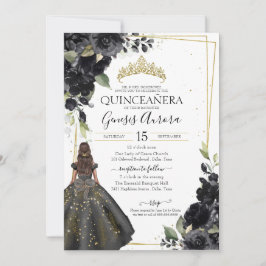 Black Floral Gold Akzent Elegante Quinceanera Einladung