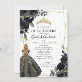 Black Floral Gold Akzent Elegante Quinceanera Einladung