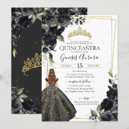 Black Floral Gold Akzent Elegante Quinceanera Einladung
