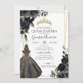 Black Floral Gold Akzent Elegante Quinceanera Invi Einladung