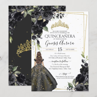 Black Floral Gold Akzent Elegante Quinceanera Invi Einladung