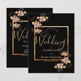 Black Floral Gold Script Elegante Hochzeit Einladung