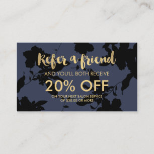 Black Floral Gold Text Blue Salon Empfehlungskarte
