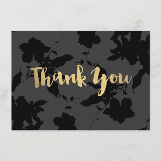 Black Floral Gold Text Dankeschön Karte (Vorderseite)