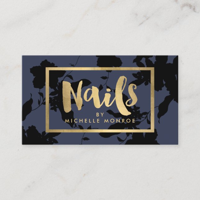 Black Floral Gold Text Nail Salon Blue Visitenkarte (Vorderseite)