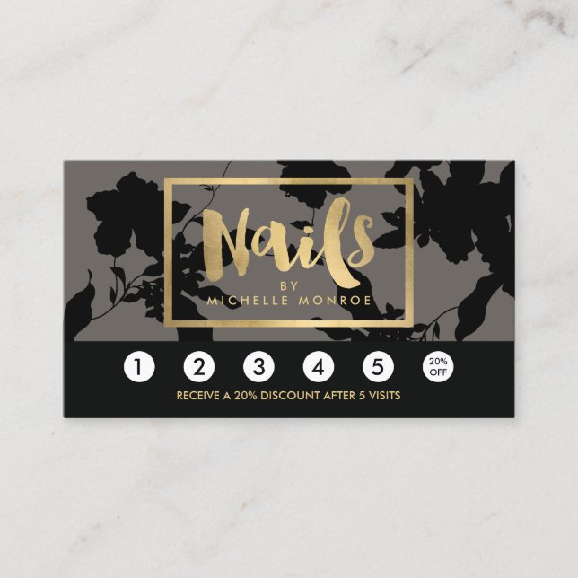 Black Floral Gold Text Nail Salon Grau Loyalität Treuekarte (Vorderseite)
