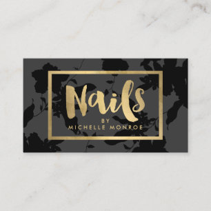 Black Floral Gold Text Nail Salon Visitenkarte