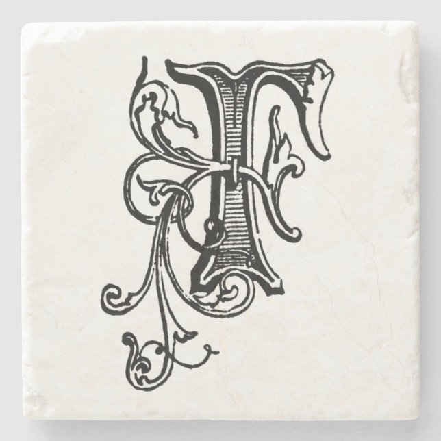 Black Floral Monogram 'F' Steinuntersetzer (Vorderseite)