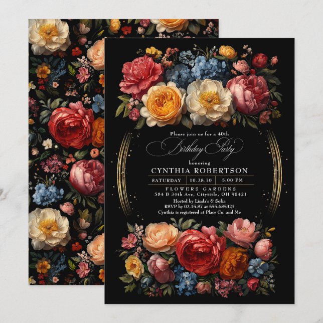 Black Floral Moody Botanical Gothday Party Einladung (Vorne/Hinten)