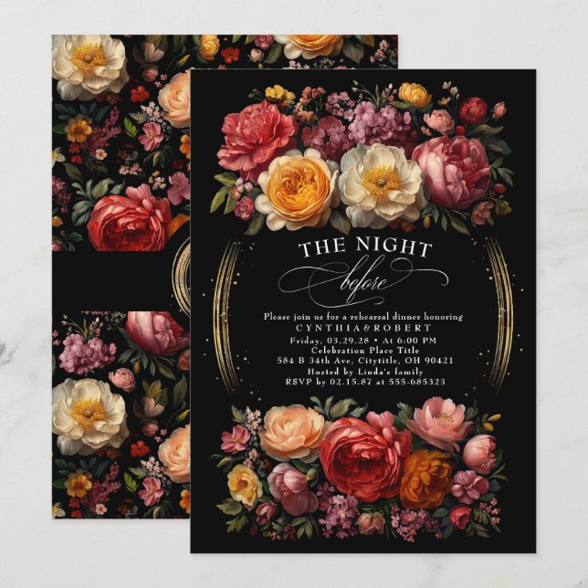 Black Floral Moody Botanischer Chic Probe Abendess Einladung (Vorne/Hinten)