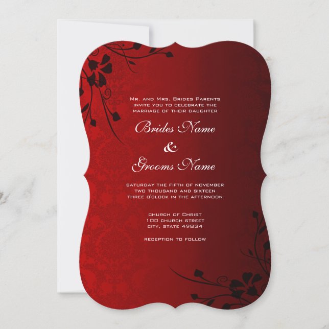 Black Floral on Red Wedding Einladung (Vorderseite)