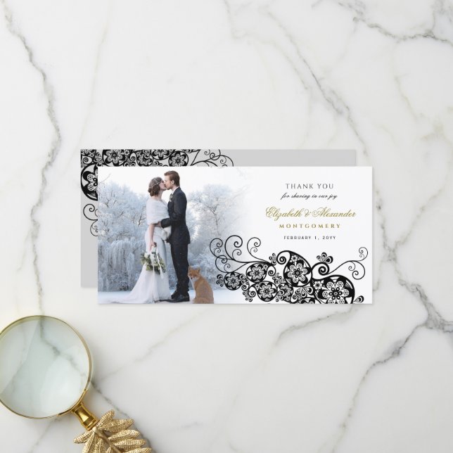 Black Floral Paisley Boho Elegant Wedding Foto Dankeskarte (Vorderseite/Rückseite Beispiel)