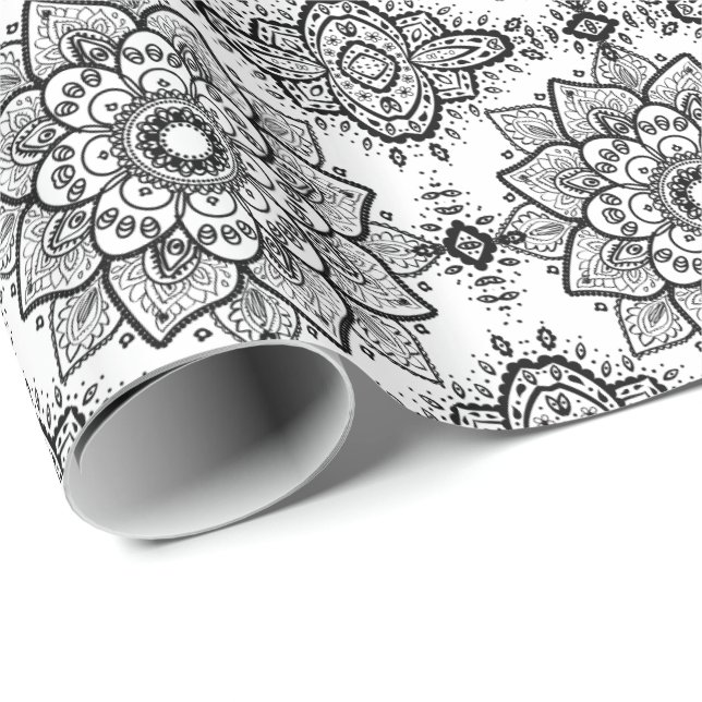 Black Floral Paisley Mandala Pattern Geschenkpapier (Rolleneckpunkt)