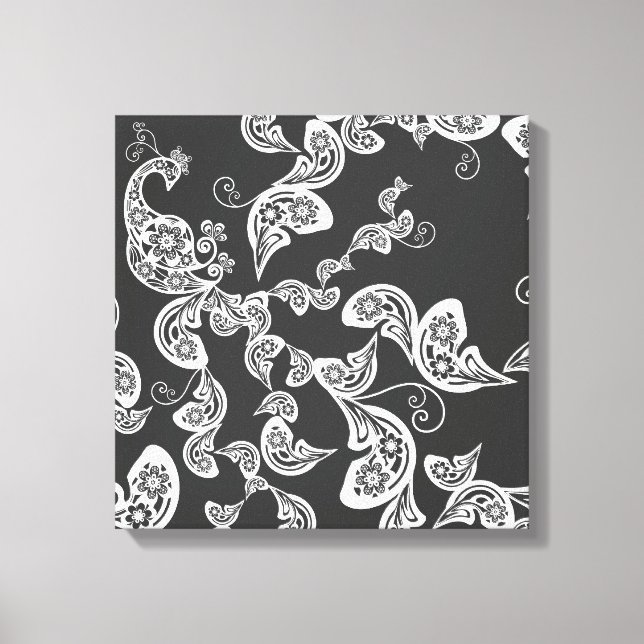 Black Floral Peacock Deko Art Canvas Print (Vorderseite)