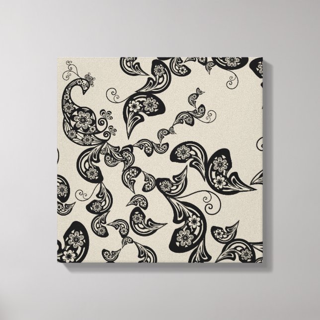 Black Floral Peacock Deko Art Canvas Print (Vorderseite)