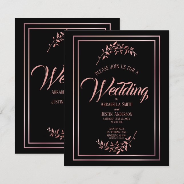 Black Floral Rose Gold Script Hochzeit Einladung (Vorne/Hinten)