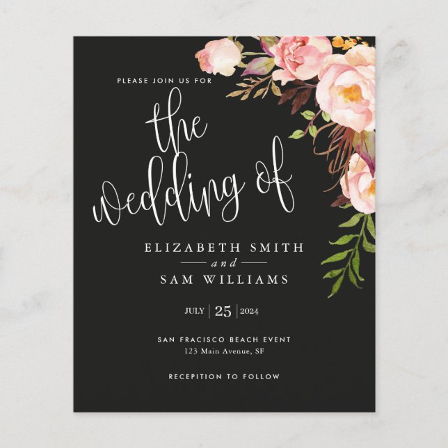 Black Floral Simple Wedding Budget Flyer (Vorne)