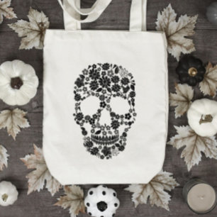 Black Floral Skull Toag Tragetasche