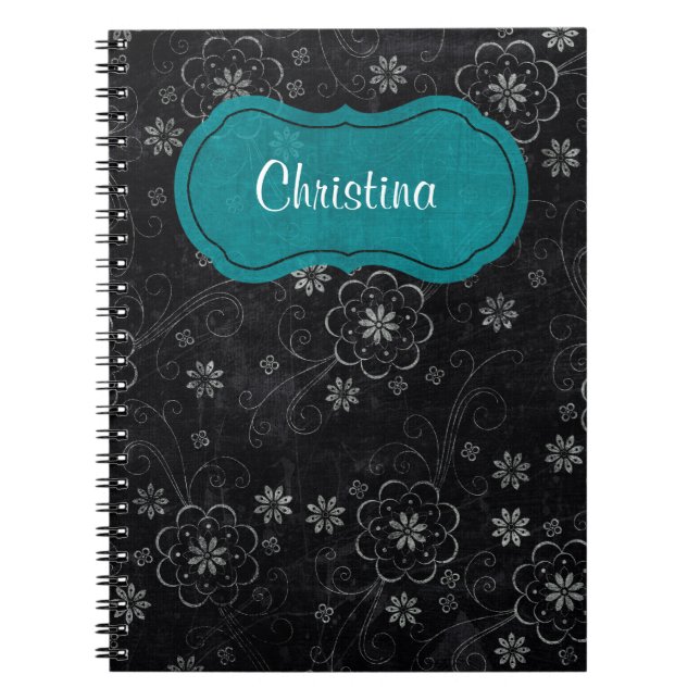 Black Floral Spiral Notebook Notizblock (Vorderseite)