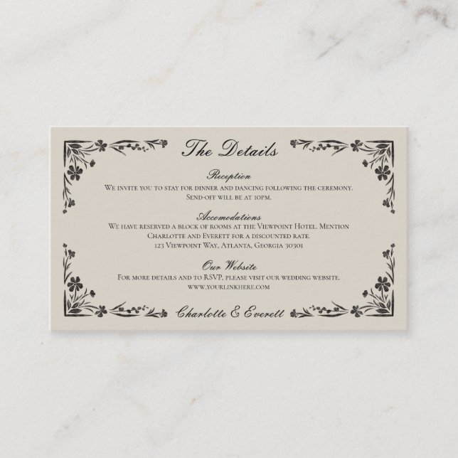 Black Floral Wedding Details Umschließungskarte Begleitkarte (Vorderseite)