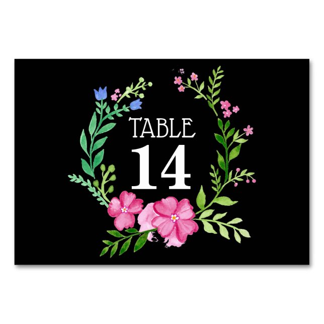 Black Floral Wedding Tischnummer Card (Vorderseite)