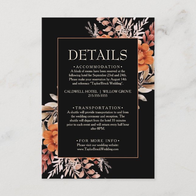 Black Floral Wildblume Fall Boho Hochzeitsdetails Begleitkarte (Vorderseite)