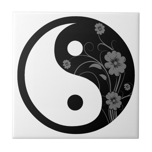 Black Floral Yin Yang Tile Fliese (Vorderseite)