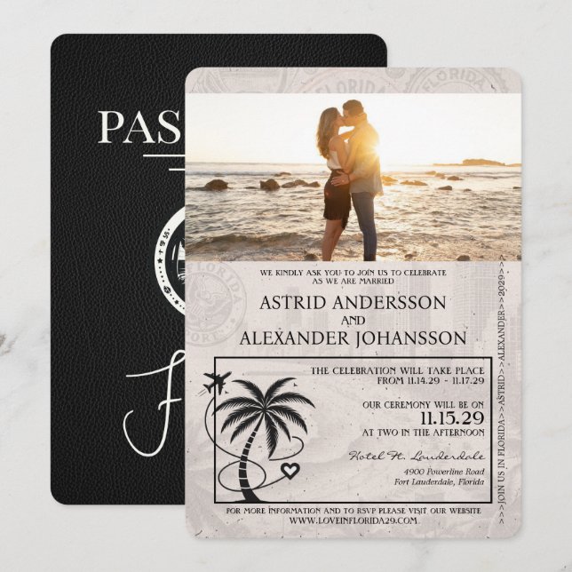 Black Florida Passport Hochzeitseinladung Einladung (Vorne/Hinten)