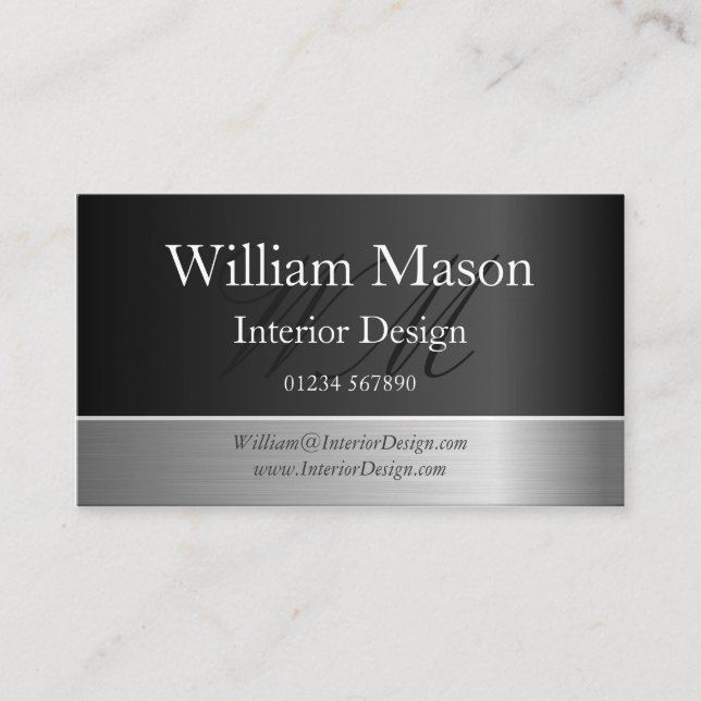 Black Foil & Steel Effet, Carte de visite Monogram (Devant)