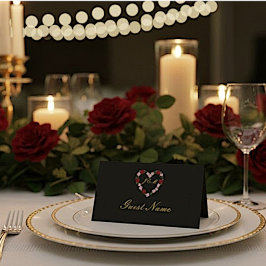Black folded place card - floral heart Guest name Platzkarte