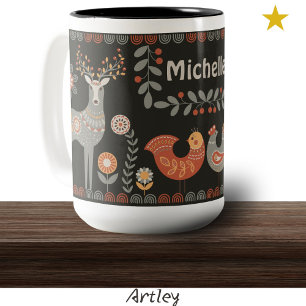 Black Folk Art Animals Individuelle Name Hirsch Zweifarbige Tasse