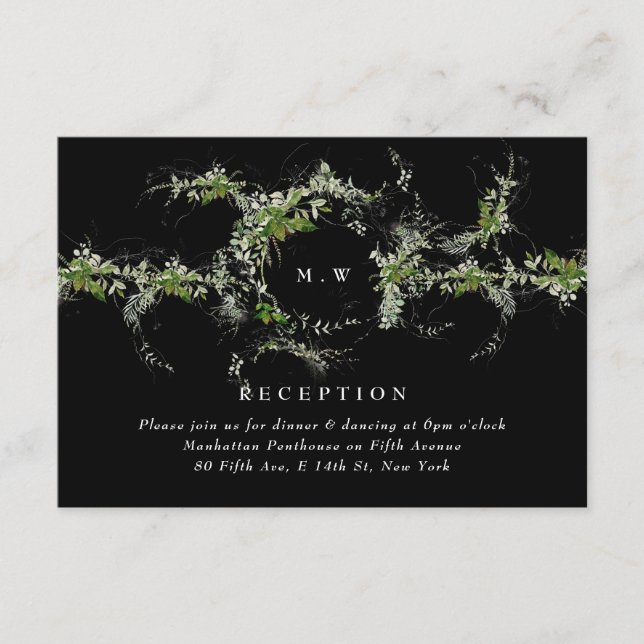 Black Formal Eucalyptus Wreath Monogram Wedding Begleitkarte (Vorderseite)