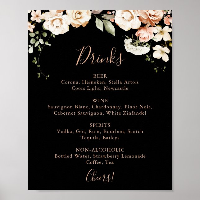 Black Formal Royal Floral Wedding Drinks Menü Zeic Poster (Vorne)