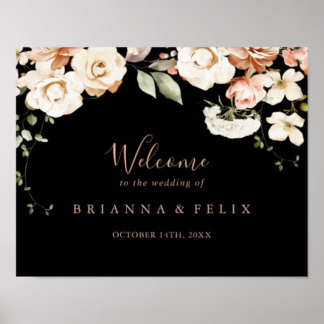 Black Formal Royal Floral Wedding Welcome Sign Poster (Vorne)