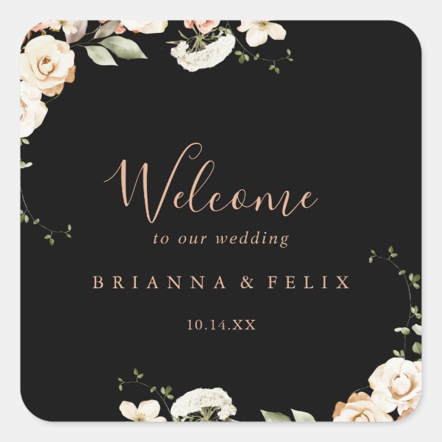 Black Formal Royal Floral Wedding Willkommen Quadratischer Aufkleber (Vorderseite)