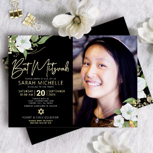 Black Foto Bat Mitzvah Floral Script Real Gold Folieneinladung