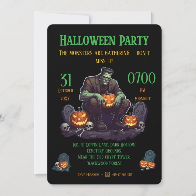 🖤 Black Frankenstein Halloween Party Invitation (Devant)