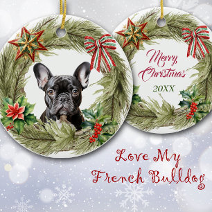 Black French Bulldog Star Bow Wreath Keramik Ornament