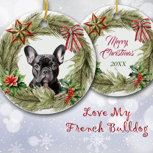 Black French Bulldog Star Bow Wreath Keramik Ornament (Von Creator hochgeladen)