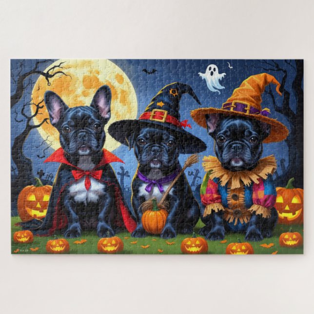 Black French Bulldogs Pumpkin Halloween Funny Funn (Horizontal)