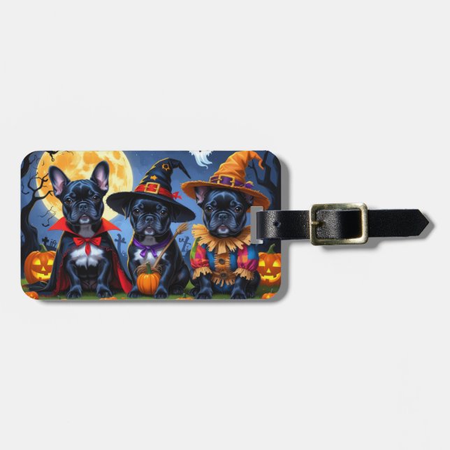 Black French Bulldogs Pumpkin Halloween Funny Funn Gepäckanhänger (Vorderseite horizontal)