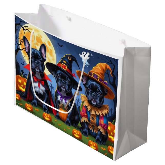 Black French Bulldogs Pumpkin Halloween Funny Funn Große Geschenktüte (Vorderseite Schrägansicht)