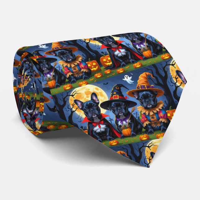 Black French Bulldogs Pumpkin Halloween Funny Funn Krawatte (Gerollt)